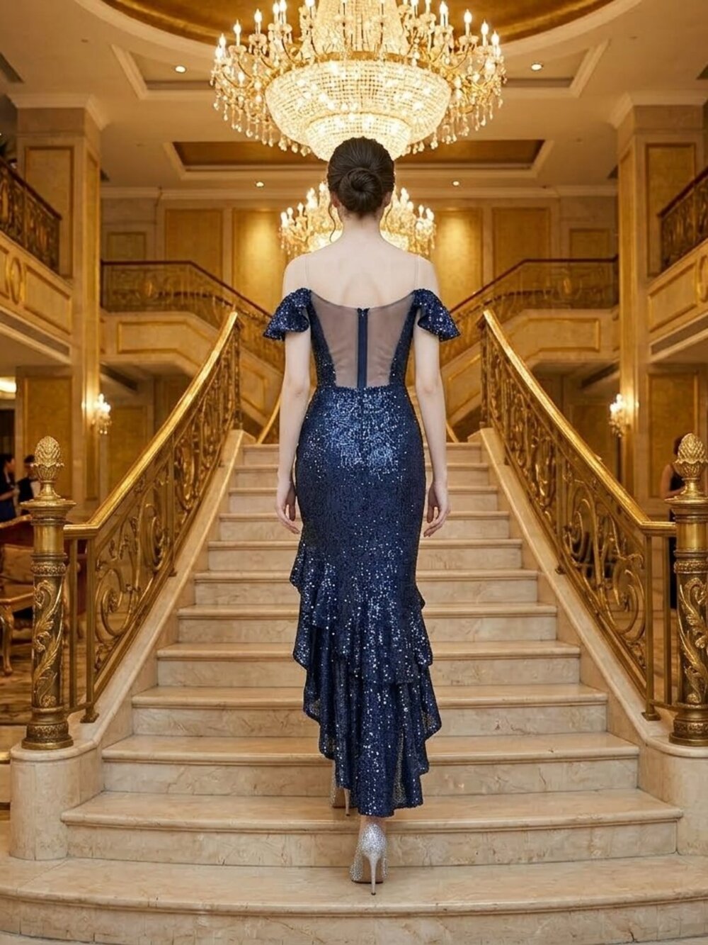 Sequin Prom Dress High Low Off Shoulder Evening Gown Royal Blue Slit - Picture 6 of 12